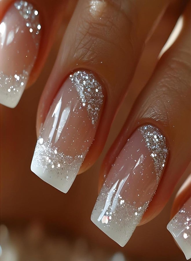 TOGZOM Square Press on Nails Medium French Tips Fake Nails Silver Glitter Acrylic Nails Press ons White Ombre Glue on Nail Shiny Stick on Nail Nude False Nails for Women Girls Nails Decoration 24Pcs - Image 1